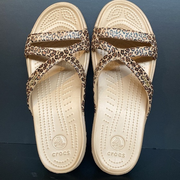 Crocs Patricia Wedge Metallic Animal Print Sandal Tan Brown Sz 10 - Picture 1 of 7
